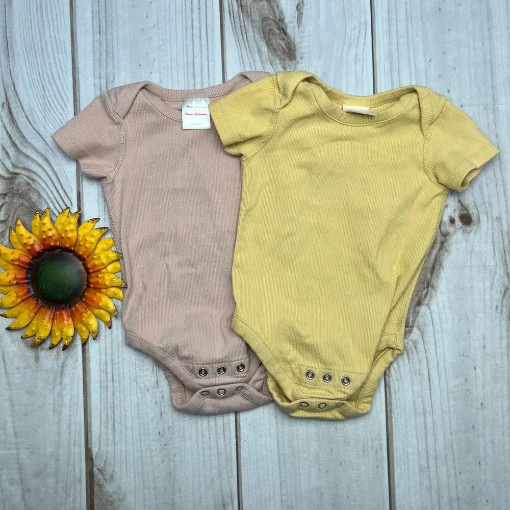 Hanna Andersson Baby‎ Bodysuit Set, Short Sleeve, Ribbed, Pink & Yellow 6-12M